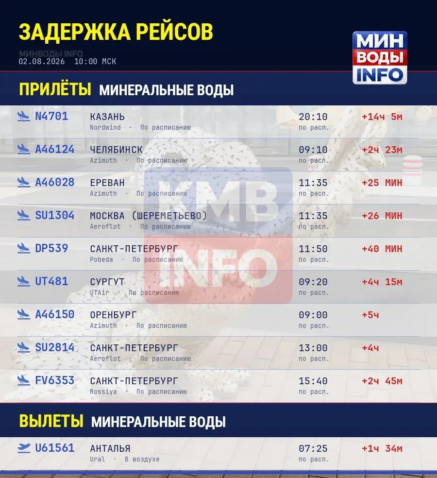 В аэропорту Минеральных Вод задерживаются 9 рейсов на прилёт и 6 на вылет