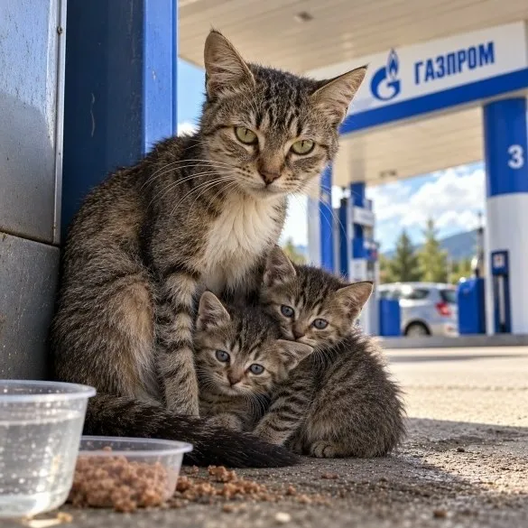 Кошка с котятами на заправке под Пятигорском ищет приют